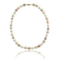 14K Yellow Gold 8.0-9.0 mm Ultra Luster Multi Color Oval Freshwater Cultured Pearl necklace 20"