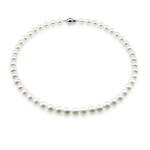 14k White Gold 8.5-9.0mm White Akoya Cultured Pearl High Luster Necklace 18", AAA+ Quality.