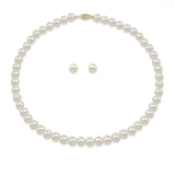 14K Yellow Gold 7.0-8.0mm White Freshwater Cultured Pearl Necklace 18" and Earrings Set, AAA Quality