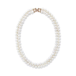 2 Rows 7.0-7.5 mm White Freshwater Cultured Pearl Necklace 17",Rose-gold-tone Base Metal Rhinestone Clasp