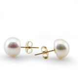 14k Yellow Gold 9.0-10.0mm White Button Shape Freshwater Cultured Pearl High Luster Stud Earring.