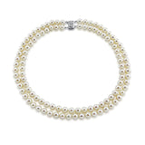 14k White Gold Double Strand 8.0-9.0mm White Freshwater Cultured Pearl Necklace AAA Quality 20 Inches