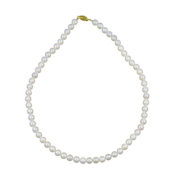 14K Yellow Gold 7.0-7.5mm White Akoya Cultured Pearl High Luster Necklace 18" Length, AAA Quality.